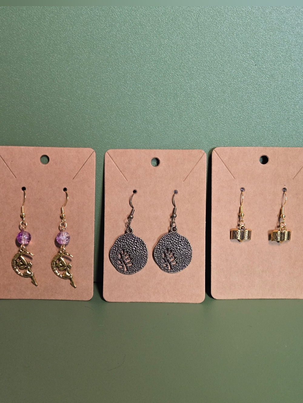 Cottagecore Earring Trio Moon Leaf & Golden Charm Romantic Woodland Set